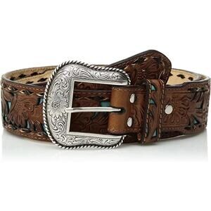 Nocona Western Mens Belt Leather Tapered Turquoise Underlay Tan N2414608 Size 46